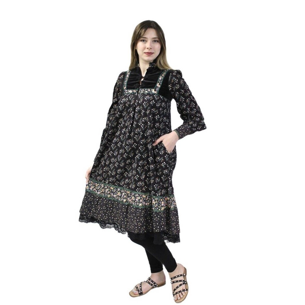 Jessica Mcclintock Gunne Sax Black Cottagecore Floral Print Cotton Dress XS